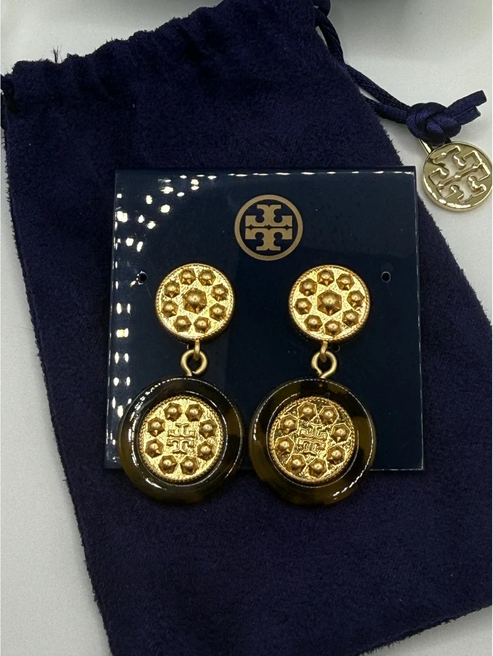 Tory Burch Shiloh Logo Drop Earrings Gold and Tortoise